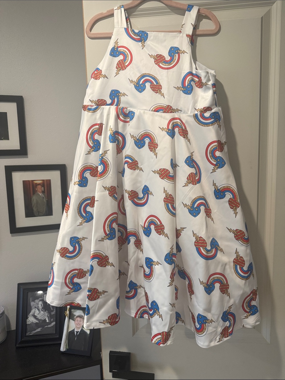 lola White Skater Skirt with Red & Blue Rainbow Star Print